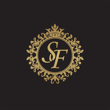 Initial letter SF, overlapping monogram logo, decorative ornament badge, elegant luxury golden color