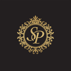 Initial letter SP, overlapping monogram logo, decorative ornament badge, elegant luxury golden color