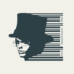Face half turn view. Elegant silhouette of a woman wearing top hat and spectacles. Bar code and female silhouette.