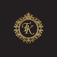 Initial letter TK, overlapping monogram logo, decorative ornament badge, elegant luxury golden color