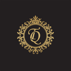 Initial letter TQ, overlapping monogram logo, decorative ornament badge, elegant luxury golden color