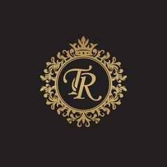 Initial letter TR, overlapping monogram logo, decorative ornament badge, elegant luxury golden color