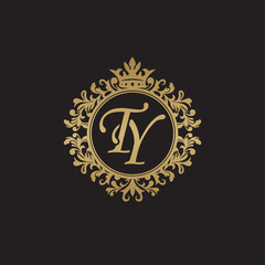 Initial letter TY, overlapping monogram logo, decorative ornament badge, elegant luxury golden color
