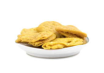 Indian Bakery Food called as Khari Snack, Khari Biscuit or Jeera Khari, Indian Tea Time Snack isolated on white background