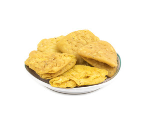 Indian Bakery Food called as Khari Snack, Khari Biscuit or Jeera Khari, Indian Tea Time Snack isolated on white background