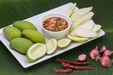 slice raw mango with Sweet fish sauce or thai call snacks namplawan