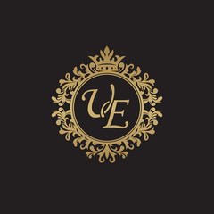 Initial letter UE, overlapping monogram logo, decorative ornament badge, elegant luxury golden color