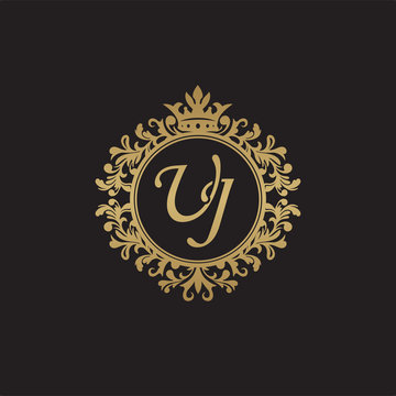 Initial letter UJ, overlapping monogram logo, decorative ornament badge, elegant luxury golden color