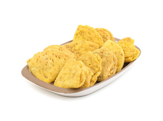 Indian Bakery Food called as Khari Snack, Khari Biscuit or Jeera Khari, Indian Tea Time Snack isolated on white background
