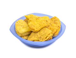 Indian Bakery Food called as Khari Snack, Khari Biscuit or Jeera Khari, Indian Tea Time Snack isolated on white background