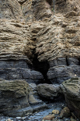 Multistory layered rough and sedimentary rocks in famous tourist site Chaeseokgang Coast in Buan-gun, South Korea.