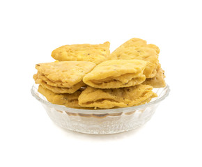 Indian Bakery Food called as Khari Snack, Khari Biscuit or Jeera Khari, Indian Tea Time Snack isolated on white background