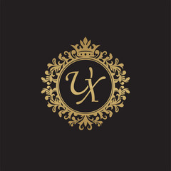Initial letter UX, overlapping monogram logo, decorative ornament badge, elegant luxury golden color