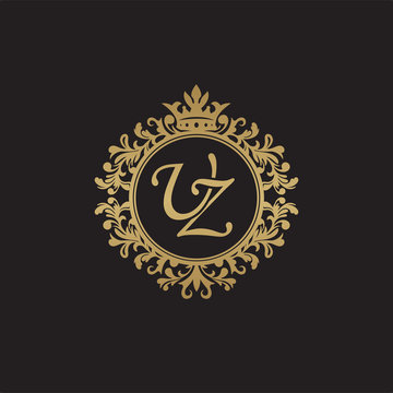 Initial letter UZ, overlapping monogram logo, decorative ornament badge, elegant luxury golden color