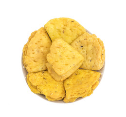 Indian Bakery Food called as Khari Snack, Khari Biscuit or Jeera Khari, Indian Tea Time Snack isolated on white background