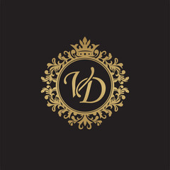 Initial letter VD, overlapping monogram logo, decorative ornament badge, elegant luxury golden color