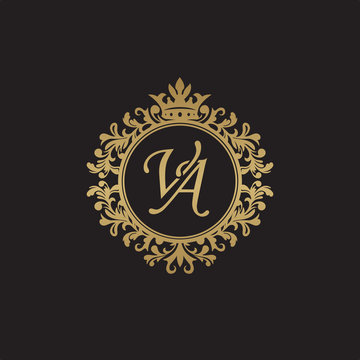 Initial letter VA, overlapping monogram logo, decorative ornament badge, elegant luxury golden color