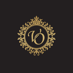 Initial letter VO, overlapping monogram logo, decorative ornament badge, elegant luxury golden color