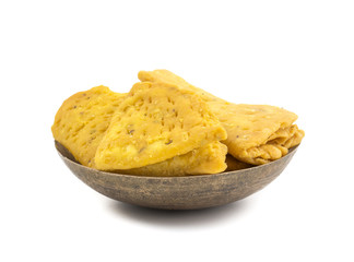Indian Bakery Food called as Khari Snack, Khari Biscuit or Jeera Khari, Indian Tea Time Snack isolated on white background