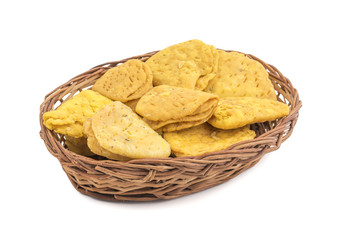 Indian Bakery Food called as Khari Snack, Khari Biscuit or Jeera Khari, Indian Tea Time Snack isolated on white background