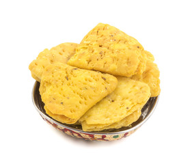 Indian Bakery Food called as Khari Snack, Khari Biscuit or Jeera Khari, Indian Tea Time Snack isolated on white background