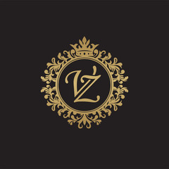 Initial letter VZ, overlapping monogram logo, decorative ornament badge, elegant luxury golden color