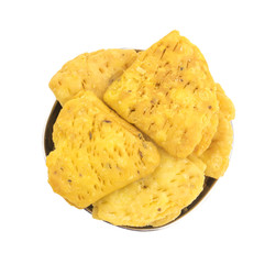 Indian Bakery Food called as Khari Snack, Khari Biscuit or Jeera Khari, Indian Tea Time Snack isolated on white background