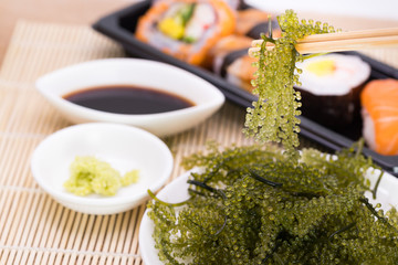 Fresh Sea Grapes (Caulerpa Lentillifera) , Seaweed and zushi , Healthy food