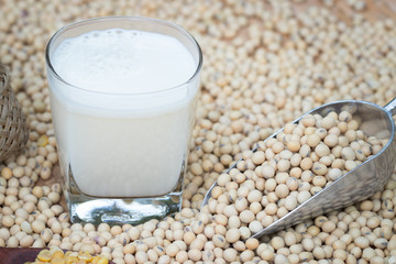 Soy milk and soy beans on wood background.