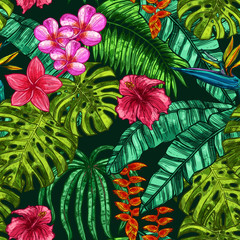 Sketch Color Seamless Pattern With Tropical Leaves And Flower. Hand Drawn Summer Bright Background