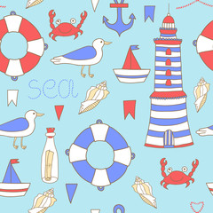 Vector seamless pattern with sea elements: lighthouse, boat, anchor, lifebuoy, shell, flags, seagull, crab, bottle with letter on the blue background with splashes. Vintage hand drawing backdrop.