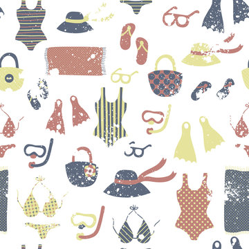 Vector seamless pattern with different vintage fashion clothing and elements: swimsuits, flip flops, hats, glasses, bags and beach towels on the white background. Summer retro backdrop