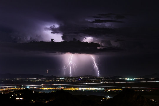 Thunderstorm with lightning bolts over Phoenix, Arizona