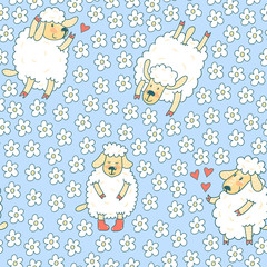 Vector seamless pattern with cute sheep and flowers. Blue hand drawing seamless texture with funny cartoon characters.