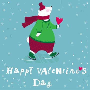 Vector holiday card with cute smiling white bear on the skates and text "Happy valentine's day". Funny hand drawing cartoon character.