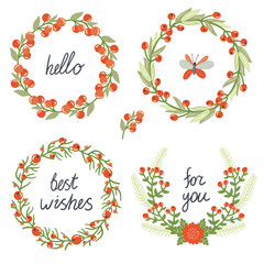 Vector set of four floral wreathes with hand written text. Beautiful decorative elements with branches, flowers, berries and butterfly. Wedding design
