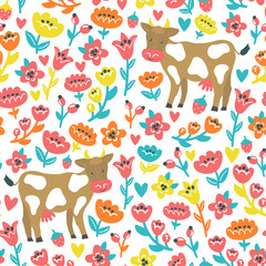 Vector seamless pattern with cute cows and flowers. Bright childish background with funny cartoon characters. Natural texture.