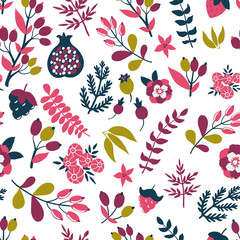 Vector floral pattern with berries, branches, leaves, flowers and pomegranate. Bright natural texture.