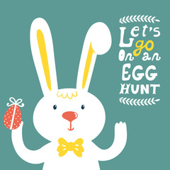 Vector holiday background with cute bunny, egg, branches and text 