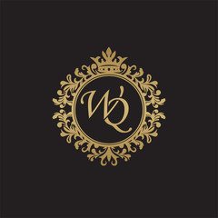 Initial letter WQ, overlapping monogram logo, decorative ornament badge, elegant luxury golden color