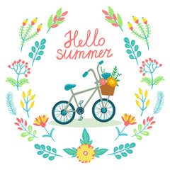 Vector floral card with wreath from flowers, berries, leaves, branches, bicycle and text 