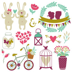 Vector set of cute romantic elements: jar, wreath, hearts, butterflies, arrow, ribbon, bird cage, lantern, couple silhouette, bunnies, flowers, bicycle. Hand drawing objects are isolated on white.