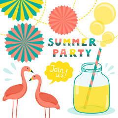 Vector invitation template with flamingos, mason jar with lemonade, bubbles, decorative elements and hand written stylish text "Summer party. Join us". Vintage funny background.