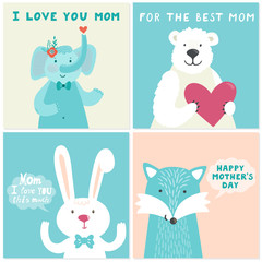 Vector set of four illustrations with cute smiling cartoon characters: elephant, bear, rabbit, fox and hand written text for Mother's day. Holiday cards.