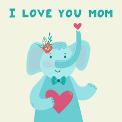 Obraz premium Vector illustration of cute smiling elephant with heart and hand written text 