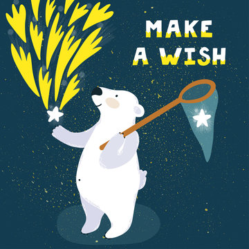 Vector illustration of cute polar bear with stars and text "Make a wish". Night background with cartoon character.