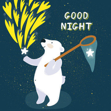 Vector illustration of cute polar bear with stars and hand written text "Good night". Childish background with smiling cartoon character.