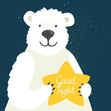 Vector illustration of cute polar bear with star and hand written text "Good night". Childish background with smiling cartoon character.