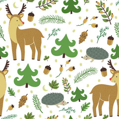 Vector seamless pattern with cute deer, hedgehog, floral elements. Forest hand drawing texture with animals. Childish background with smiling cartoon character.