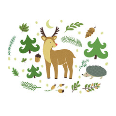 Obraz premium Vector illustration of cute deer, hedgehog, floral elements. Forest hand drawing card with animals. Childish background with smiling cartoon characters.